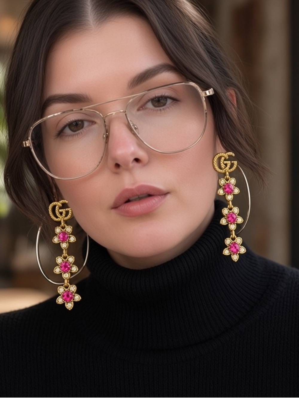 Double G’s logo gold-tone drop earrings pink crystal flower blossoms new